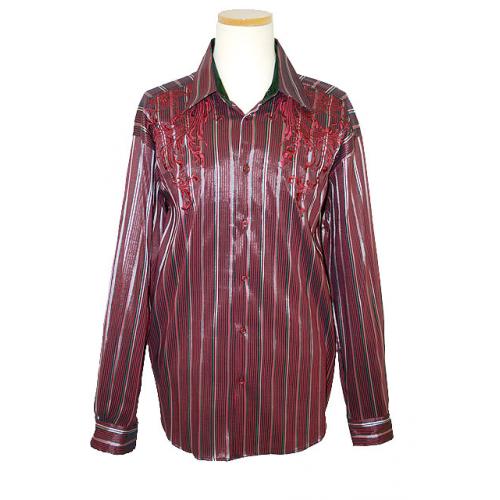 Pronti Wine With Black/Metallic Grey Stripes & Embroiderey Cotton Blend Long Sleeves Shirt S5747